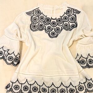 GAP White Blouse with Black Embroidery NWT